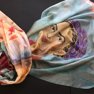 Christmas Gift for Mom from Daughter | Frida Kahlo with Red shawl, hand painted scarf | Frida art lovers | Bridal shawl | Mom Birthday Gift, 35x70 inch, pure silk