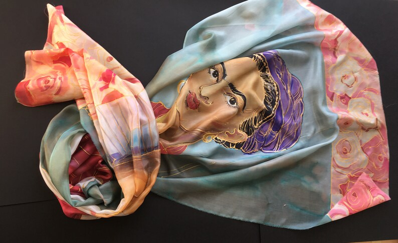 Christmas Gift for Mom from Daughter | Frida Kahlo with Red shawl, hand painted scarf | Frida art lovers | Bridal shawl | Mom Birthday Gift, 35x70 inch, pure silk