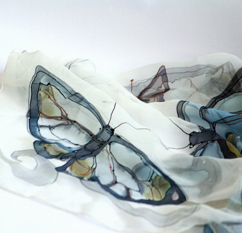 Serene Butterflies hand painted silk scarf. Silk chiffon scarf. White butterflies scarf Botanical scarf Wedding accessory blue, Bridal shawl image 2