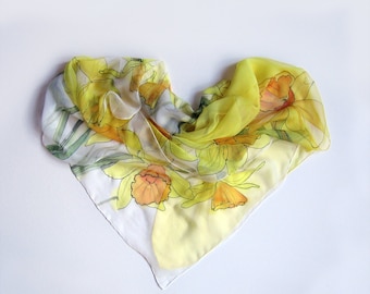 Yellow daffodils Silk chiffon scarf hand painted Spring floral scarf Bright summer scarf Large Yellow Scarf Silk painting Mothers Day gift