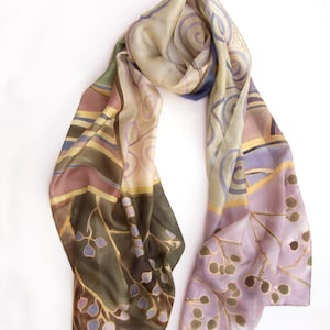 Hand Painted Silk Scarf, Shawl | Amethyst Morn, Klimt inspired scarf, Pastel scarves | Art Deco style, Designer scarf | Mothers Day gift
