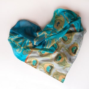 Hand painted silk scarf | Peacocks feathers foulard | Blue beige scarf in art deco style/ Birthday gift for her OOAK | Mothers day gift