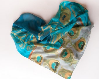 Hand painted silk scarf | Peacocks feathers foulard | Blue beige scarf in art deco style/ Birthday gift for her OOAK | Mothers day gift