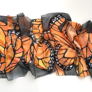 Hand painted silk scarf Coral Butterflies Wings Dark gray shawl painted Woman fashion scarf Butterfly scarves Wedding accessory Wings scarf image 2