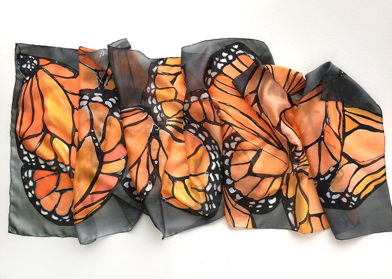 Hand painted silk scarf Coral Butterflies Wings Dark gray shawl painted Woman fashion scarf Butterfly scarves Wedding accessory Wings scarf image 2