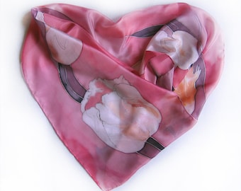 Tulip Blush Silk Scarf Hand Painted, Long Neck Scarf, Artistic Lady Gift, Floral Accessory, Spring Garden, Mom The Perfect Style, OOAK gift