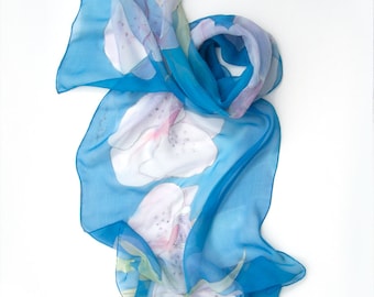 Lenço de chiffon de seda com orquídeas azuis pintadas à mão, xale floral