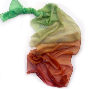 Falling Feathers scarf Painted scarf Ombre silk chiffon scarf Silver feathers scarf/ Green beige terracotta shawl Woman fashion long scarf
