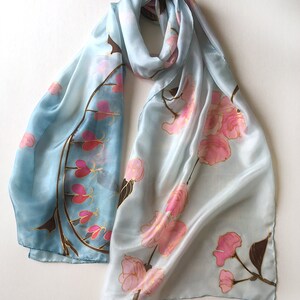 Cherry Blossom Silk Scarf Hand Painted | Bridesmaids Gift | Pale Blue ...