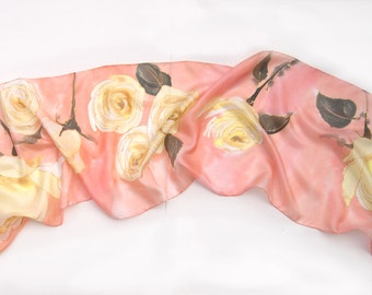 Hand painted silk scarf- Yellow Roses/ Peach accessories, Roses scarf/ Floral scarves/ Spring celebration, Mothers Day gift idea