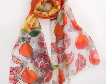 Pomegranates silk scarf, Hand painted scarf, Silk Shawl, Fruits scarf, Yellow Red Bright shawl, Long neck scarves, Unique gift for woman