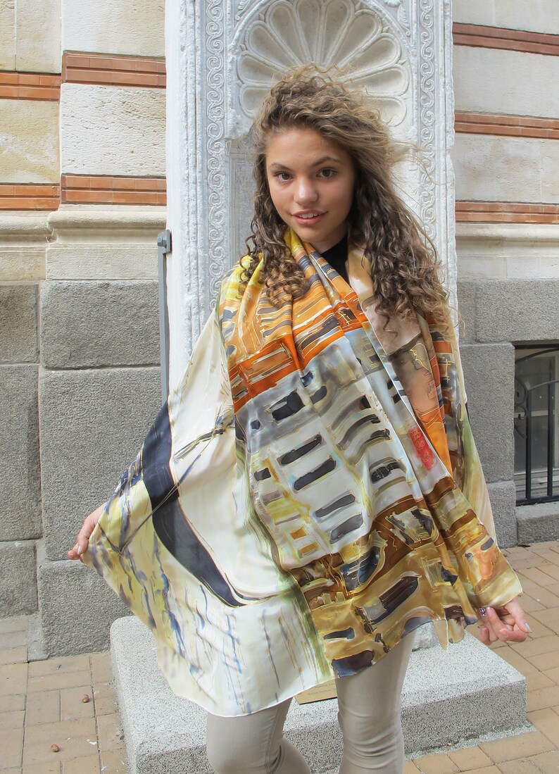 HAND PAINTED Silk Scarf "Venice Morrow" | Artistic Bridal shawl 35 by 70 | Luxury scarves/ Venice scarf | Mother Bride Shawl | venetian motif artwork