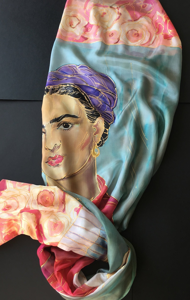 100% Pure Silk Scarf Hand Painted, Frida Kahlo with Red shawl, Frida art lovers, Bridal shawl, OOAK Mom Birthday Gift Artistic woman gift image 4