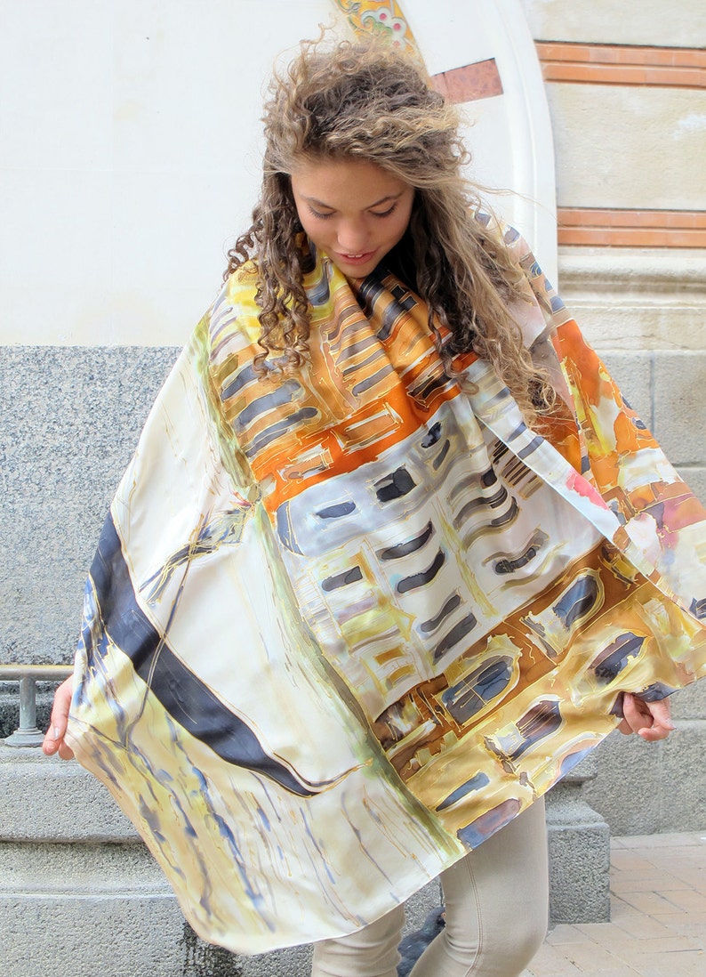 HAND PAINTED Silk Scarf "Venice Morrow" | Artistic Bridal shawl 35 by 70 | Luxury scarves/ Venice scarf | Mother Bride Shawl | venetian motif artwork
