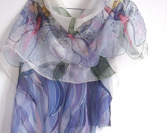 Hand Painted Orchid Silk Chiffon Scarf: Purple Lilac Floral Shawl
