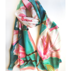 Silk Scarf, Crepe de Chine Hand Painted Shawl - Magnolia Tree Brunch | Long Floral Shawl in Pink & Teal | Luxury gift Mum, Xmas gift woman