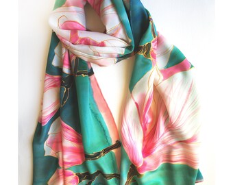Silk Scarf, Crepe de Chine Hand Painted Shawl - Magnolia Tree Brunch | Long Floral Shawl in Pink & Teal | Luxury gift Mum, Xmas gift woman