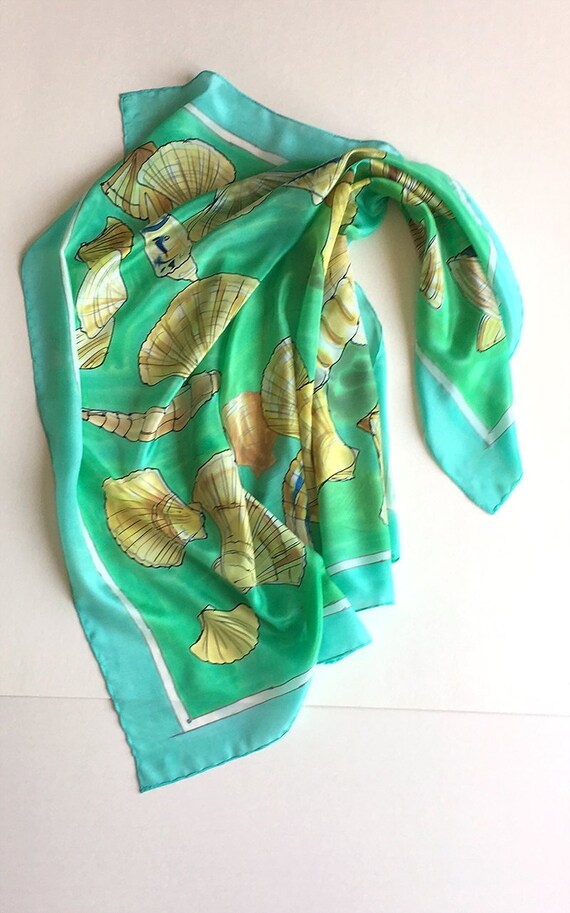 Square Silk Scarf Golden Seashells Hand Painted Scarf Crepe - Etsy