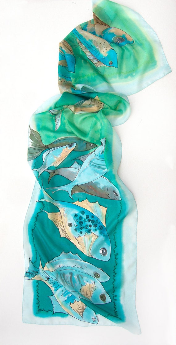 Hand Painted Silk Scarf Caribbean Fishes Aqua Blue Silk Scarf Summer  Fashion Scarves Birthday Gift for Her/best Friend Gift Long Neck Scarf 