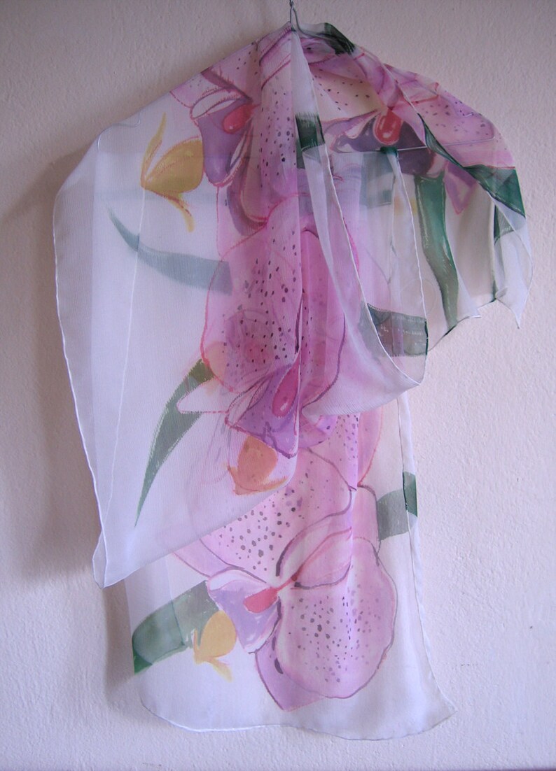 Hand painted silk scarf Candy Orchids/ Silk chiffon scarf. Floral scarf painted. Bridal accessory pink. Silk painting Klara/ Summer fashion image 5