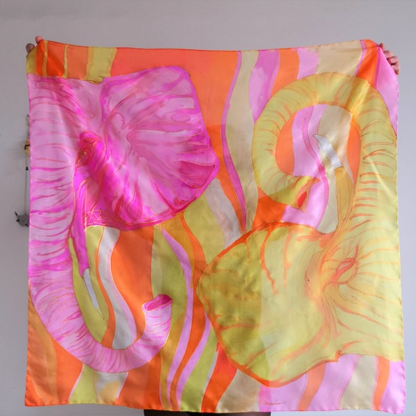 ELEPHANT Silk Scarf Square, Bright Neon Headband, Hand painted scarves, Summer Fashion, OOAK Gift Mom, Animals Painting, Travel & Adventure