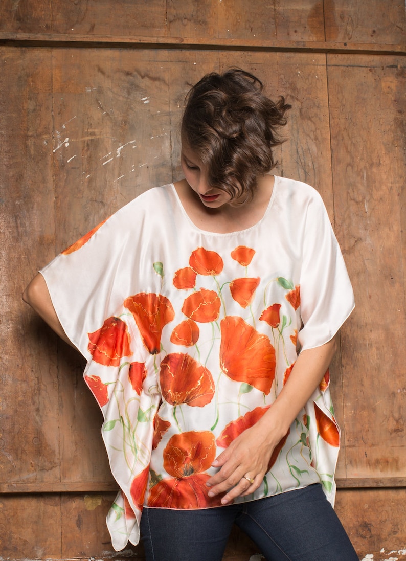 Hand Painted silk satin blouse - Red poppies | Women top painted | Floral Summer fashion blouse. Poppies Art to wear | Silk painting