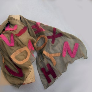 Dancing Letters nuno felted scarf. Felted silk chiffon scarf. Olive green scarf with felt letters. Autumn felt scarf. Long fashion scarf image 4