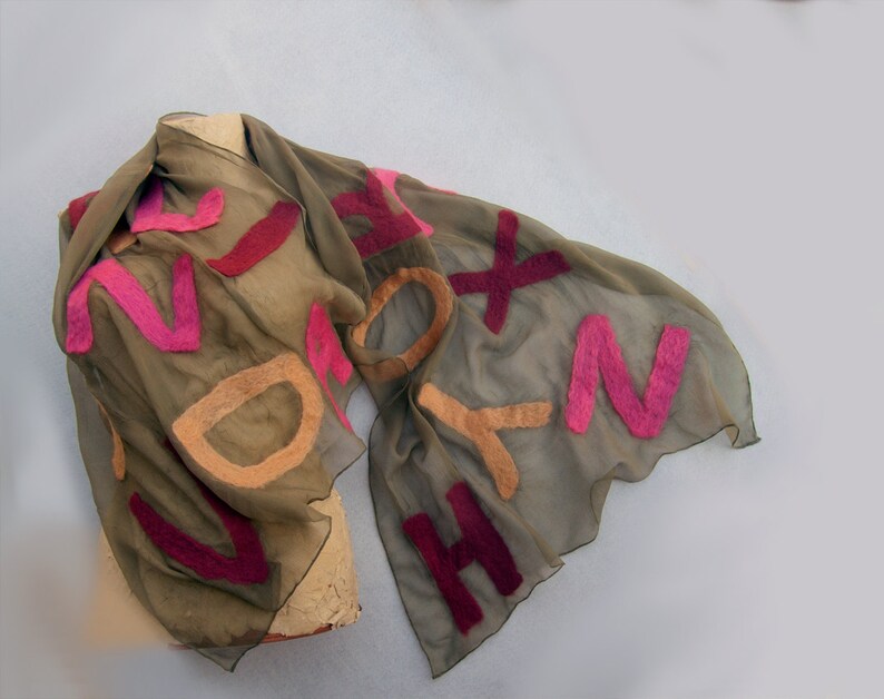 Dancing Letters nuno felted scarf. Felted silk chiffon scarf. Olive green scarf with felt letters. Autumn felt scarf. Long fashion scarf image 4