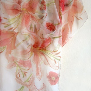 Hand Painted Scarf Coral Lilies/ Floral lightweight shawl/ Mothers Day gift | Silk Painting | Wedding accessories | Bridal wrap, shawl, ooak