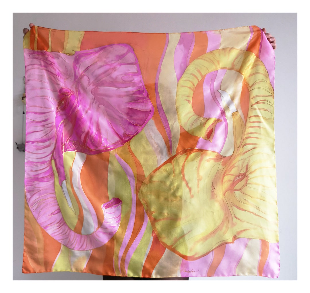 ELEPHANT Silk Scarf Square, Bright Neon Shawl, Hand Painted Scarves ...