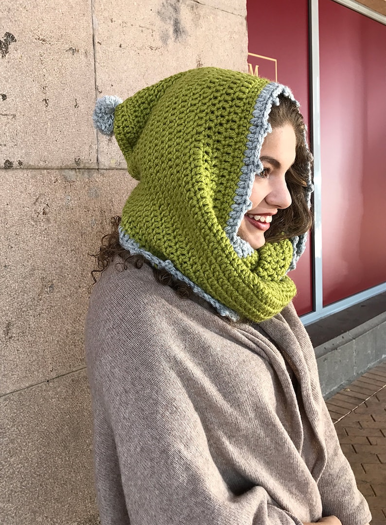 Lime Green Hooded Scarf/ Pom Pom winter rounded scarf/ Crochet Hood Infinity Wool Scarf/ Cowl Winter Accessories/ Hooded Cowl Handmade scarf image 5