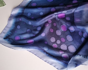 Square Silk Scarf Hand Painted, Abstract Purple Silk Scarf, Vintage Inspired Silk Scarves, Gift Mum, Art Lovers, Elegant Purple Head Scarf