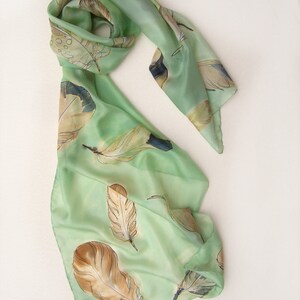 Hand painted silk scarf Apple Green Feathers Unique handmade gift for woman Birthday gift for her KD21 Christmas gift woman Birds image 2