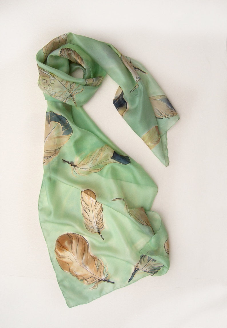 Hand painted silk scarf Apple Green Feathers Unique handmade gift for woman Birthday gift for her KD21 Christmas gift woman Birds image 2