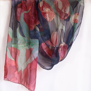 Black hand painted scarf with red tulips. Silk chiffon shawl. Floral scarves. Long neck foulard. Lightweight scarf painted. Tulips scarves