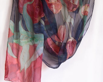 Black hand painted scarf with red tulips. Silk chiffon shawl. Floral scarves. Long neck foulard. Lightweight scarf painted. Tulips scarves