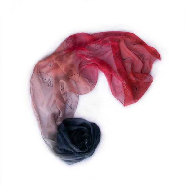 Cherry Blossom ombre silk scarf red to black. Hand painted silk chiffon scarf with small flowers.