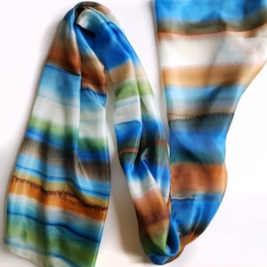 Hand Painted Silk Scarf: Blue Green Abstract Striped Neck Scarf