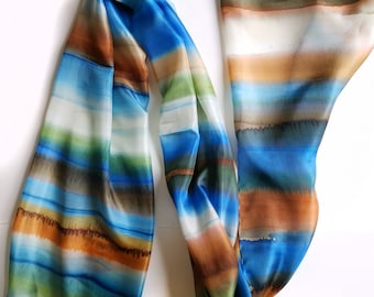 100% Pure Silk Striped Scarf HAND PAINTED | Long Neck Scarf Blue Green Palette | Abstract Silk Painting | Sea, Ocean, Summer fashion | OOAK