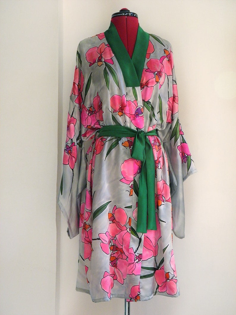 Hand painted kimono Orchids Bay Silk Satin Kimono Robe Etsy