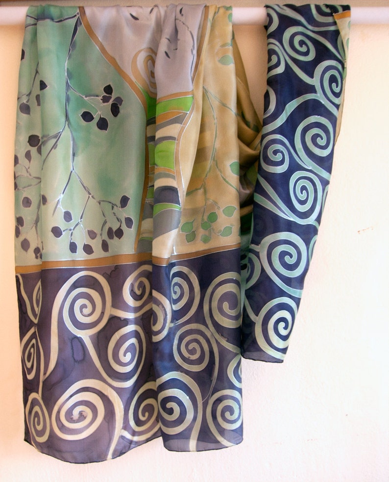 100% Pure Silk Shawl Hand painted | Decorative Scarf Klimt Inspired | Purple green Outfit | Silk Habotai | Christmas Gift Mum | Botanical painting, 35x70 inch