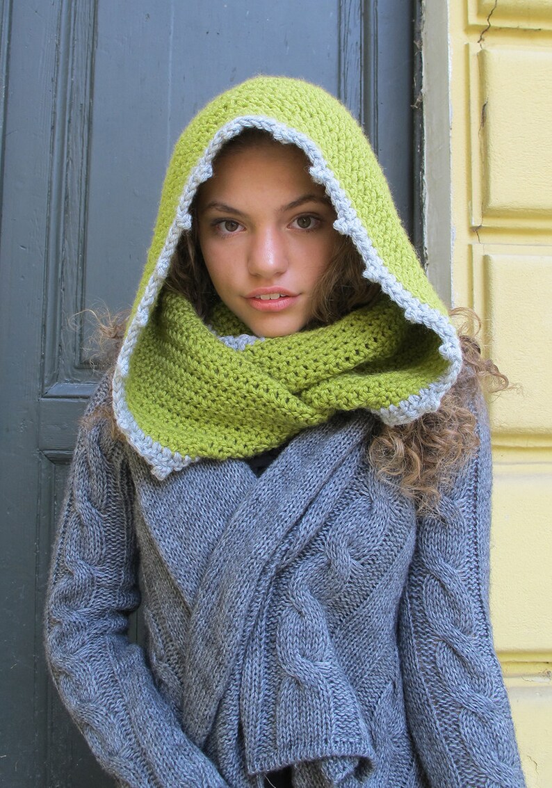 Lime Green Hooded Scarf/ Pom Pom winter rounded scarf/ Crochet Hood Infinity Wool Scarf/ Cowl Winter Accessories/ Hooded Cowl Handmade scarf image 2