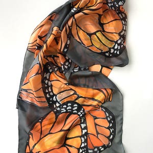 Hand painted silk scarf Coral Butterflies Wings Dark gray shawl painted Woman fashion scarf Butterfly scarves Wedding accessory Wings scarf image 6