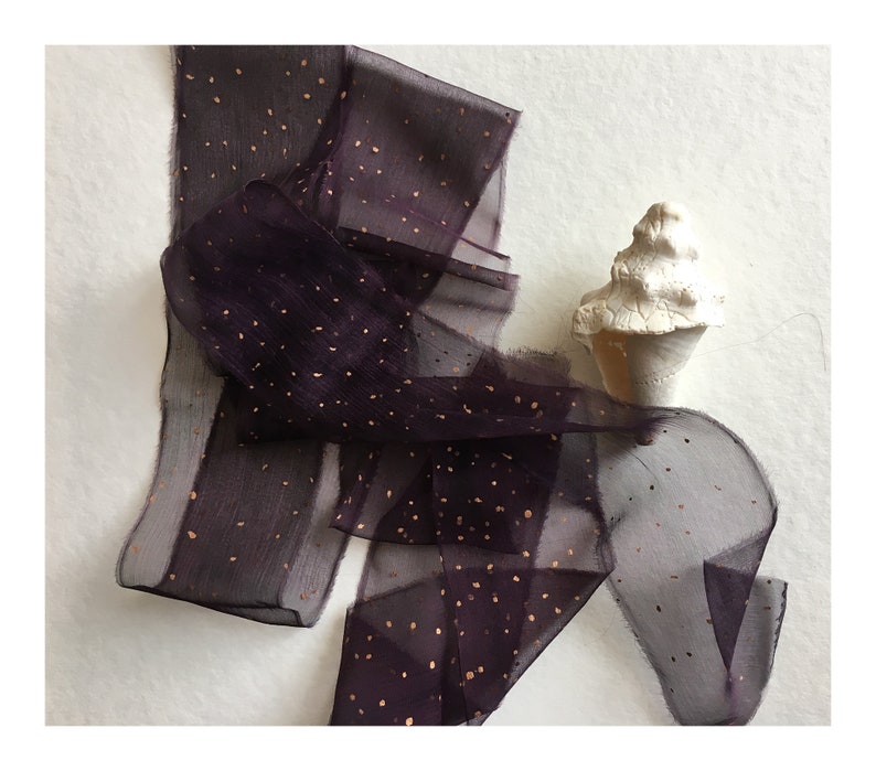Set of four silk chiffon ribbons, Hand painted ribbons with golden, copper & silver dots, Blue, Gray, Purple and Plum hand torn ribbons image 3