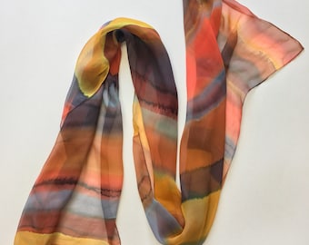 Striped scarf, Hand painted silk chiffon scarf - Desserts song -burnt orange dark purple scarf, Lightweight scarf, trendy scarf