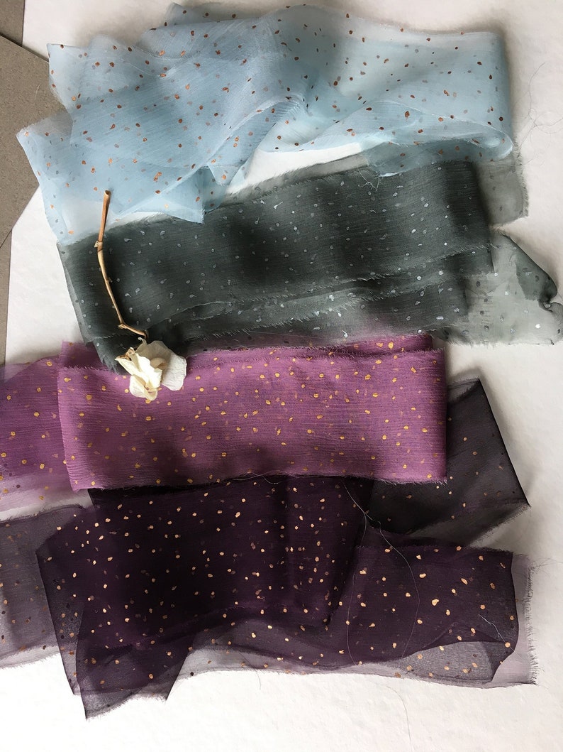 Set of four silk chiffon ribbons, Hand painted ribbons with golden, copper & silver dots, Blue, Gray, Purple and Plum hand torn ribbons image 1