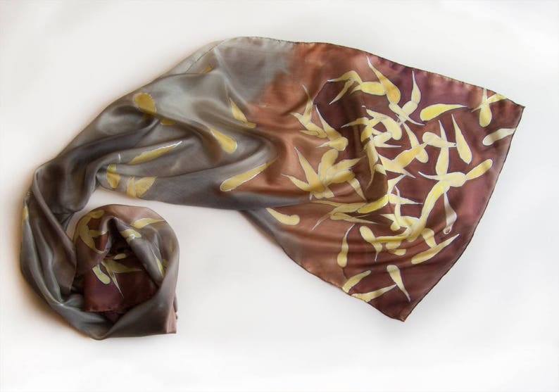 Silk Scarf Falling Leaves Grey Brown Scarf Hand Painted Long - Etsy