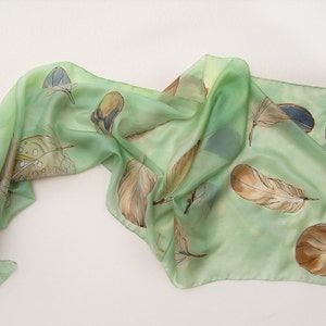 Hand painted silk scarf Apple Green Feathers Unique handmade gift for woman Birthday gift for her KD21 Christmas gift woman Birds image 4