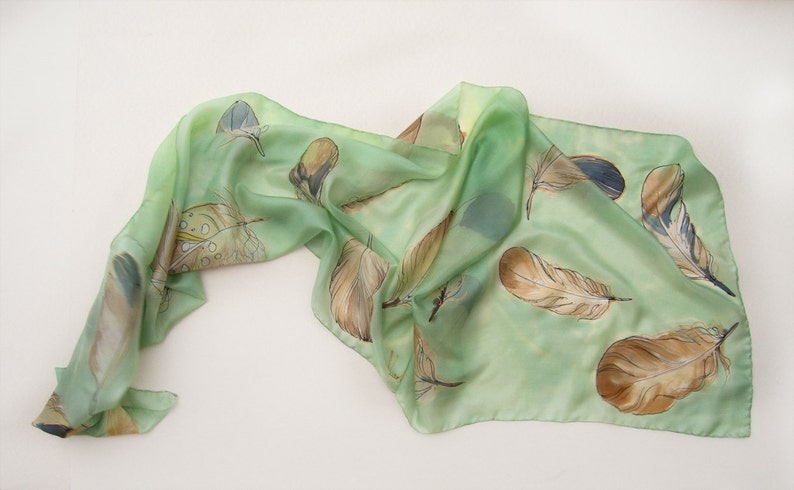 Hand painted silk scarf Apple Green Feathers Unique handmade gift for woman Birthday gift for her KD21 Christmas gift woman Birds image 4