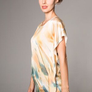 Hand Painted Silk Satin Blouse. Abstract painted Top. Blue Grey ocher blouse. Summer top handpainted/ Silk Satin handpainted top image 4